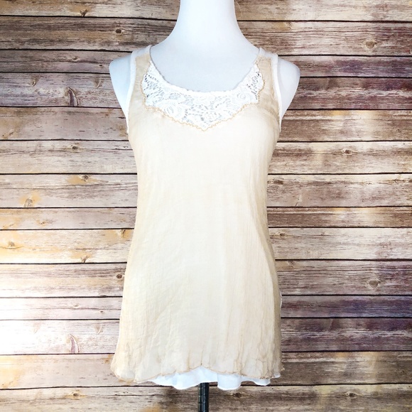 Miss Me Tops - Miss Me White & Tan Destructed Chiffon Tank Top